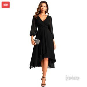 Chiffon V-Neck A-Line Midi Dress Long Sleeves Formal Wedding Guest